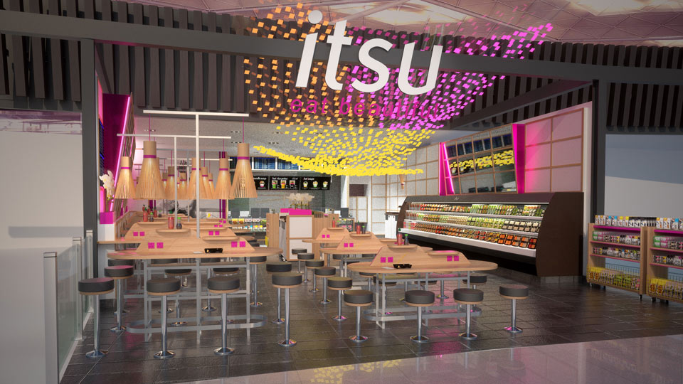 Virtual CGI of ITSU proposed Sushi concession, Stansted Airport, London, ITSU, 2014